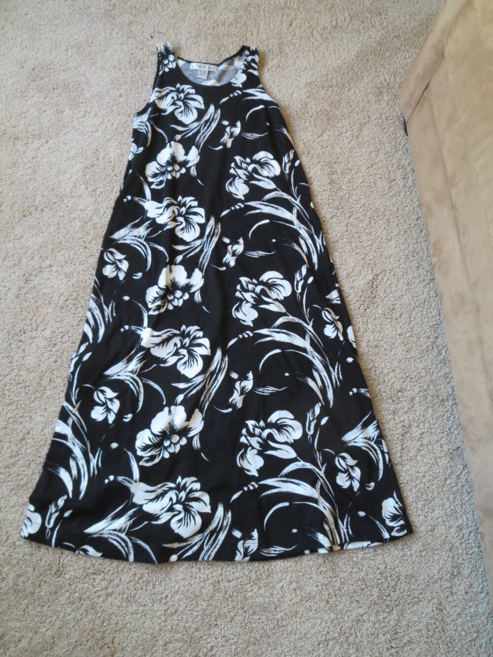 Geoffrey Beene Sport 100% Cotton Maxi Shift Dress Black with Floral Pattern SZ=S